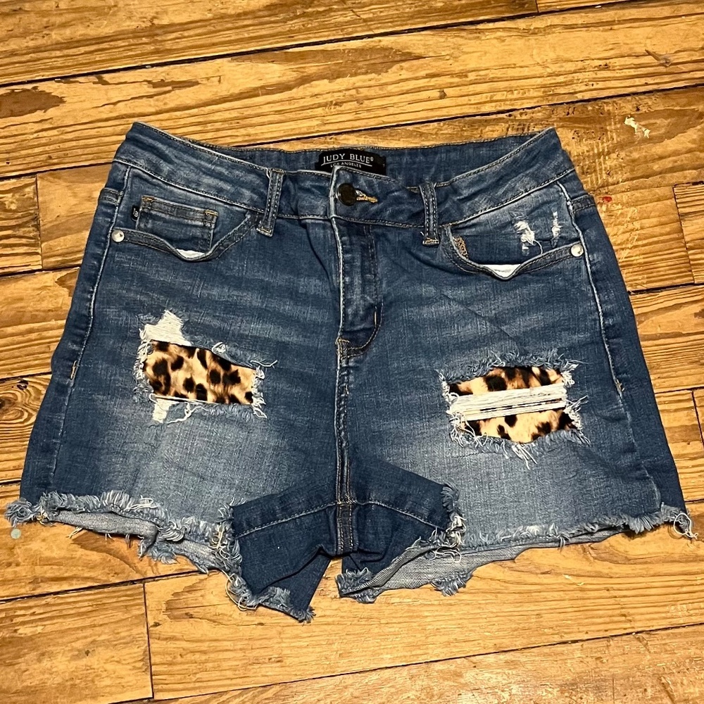 Judy Blue Hi-Rise Patch Destroy Dark Wash Bermuda Shorts (1)